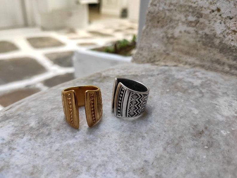 Gold mandala adjustable band ring, womens engraved mandala stamps ring, open statement ring, solid silver smooth ring, bold wide band ring image 10