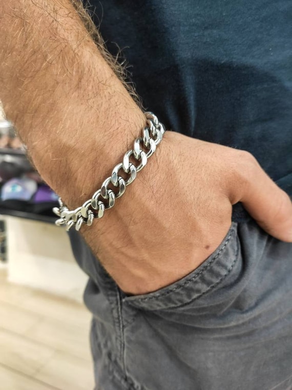 Silver Cuban Link Chain Bracelet Mens 