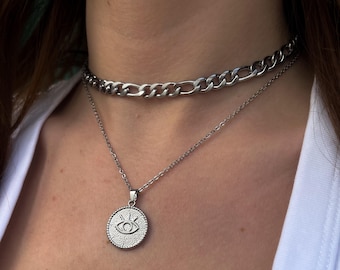 Evil eye pendant necklace, Silver choker necklace, Protection necklace, Greek jewelry, Silver coin necklace, Layered necklace, Gift for her