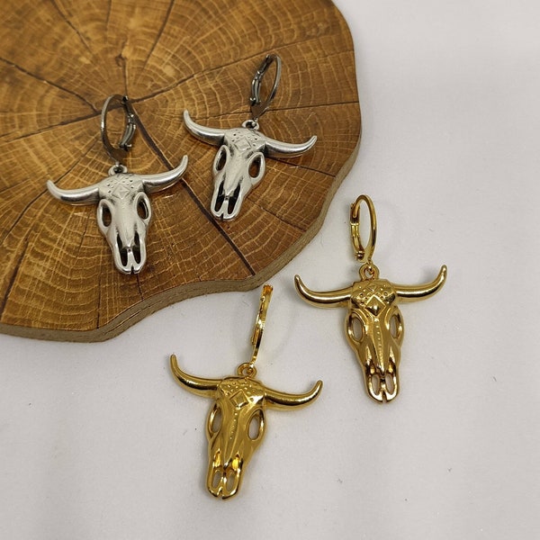 Boucles d'oreilles tête de mort en or de taureau Boucles d'oreilles tête de mort en sucre Boucles d'oreilles tête de mort Bijoux en or baphomet Crâne de bison Boucles d'oreilles tête de mort en sucre Créoles tête de mort