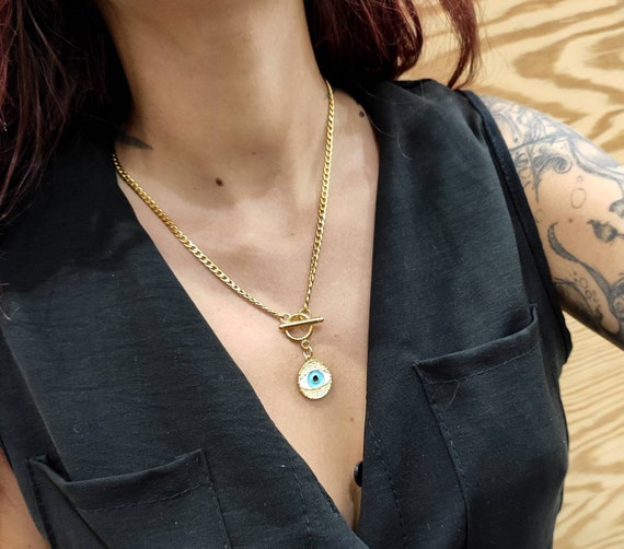 Evil Eye Gold Necklace Pendant, Sister Gift, Statement Gold Chain Necklace,  Chunky Gold Necklace, Gift for Her, Chain Choker Necklace 