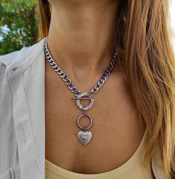 Collier Chaîne Pendentif Argent Massif - Cœurs, Zircon, Thème Lune Et étoiles - Occasion
