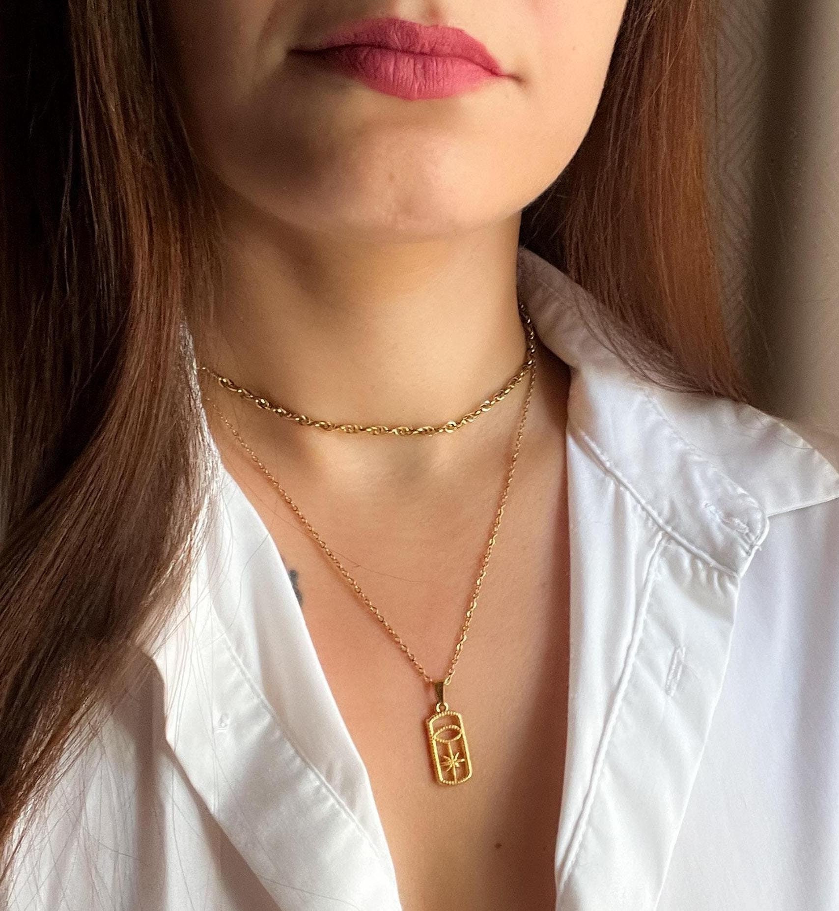 Gold Twisted Rope Chain Choker Necklace, Celestial Jewelry, Gold