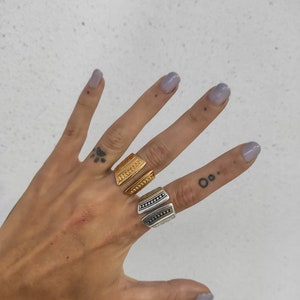 Gold mandala adjustable band ring, womens engraved mandala stamps ring, open statement ring, solid silver smooth ring, bold wide band ring image 3
