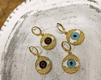 Pendientes llamativos de ojo turco Pendientes colgantes dorados Pendientes de aro pequeños dorados con ojo turco Pendientes de clip, joyería griega, regalos para ella