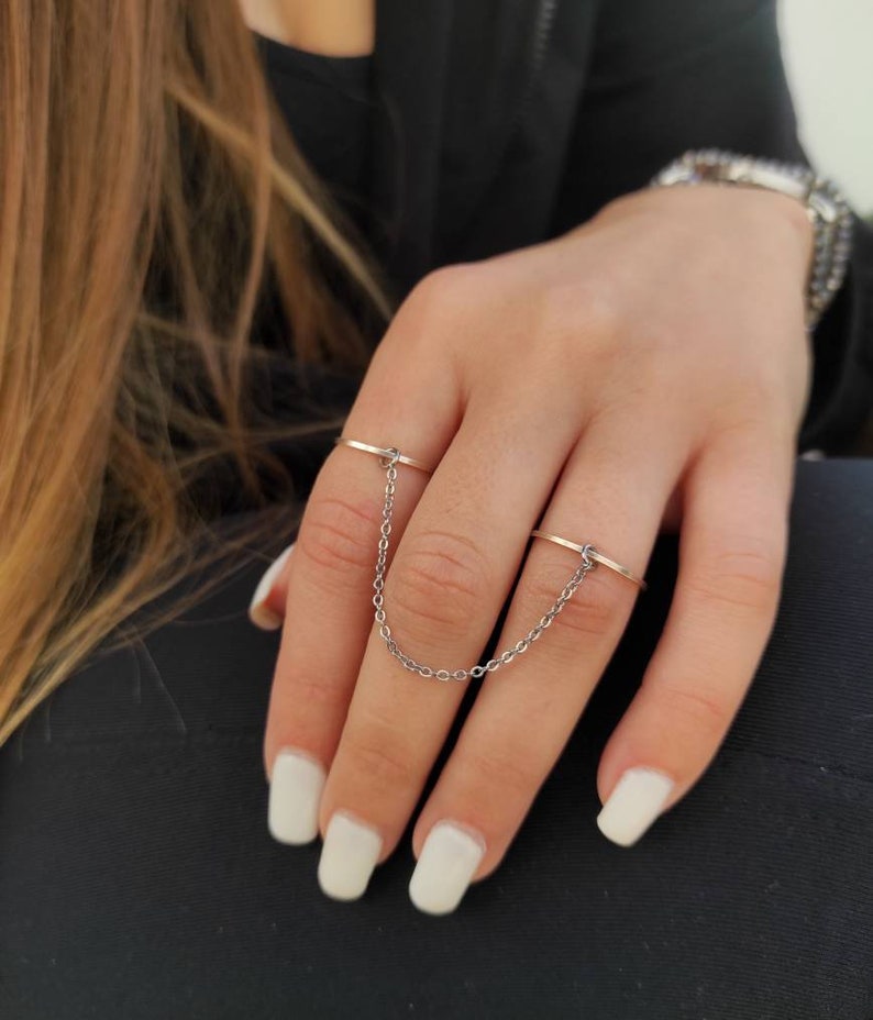 Chain ring, Double finger ring, Bohemian rings, Slave ring, Handcuff ring, Connected rings, Celestial jewelry, harry styles ring image 7