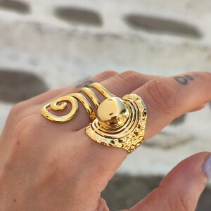 Gold spiral ring, large statement ring, Chunky oval ring, Greek jewelry, labyrinth, Combined rings, Adjustable Ring, Gift for her image 3