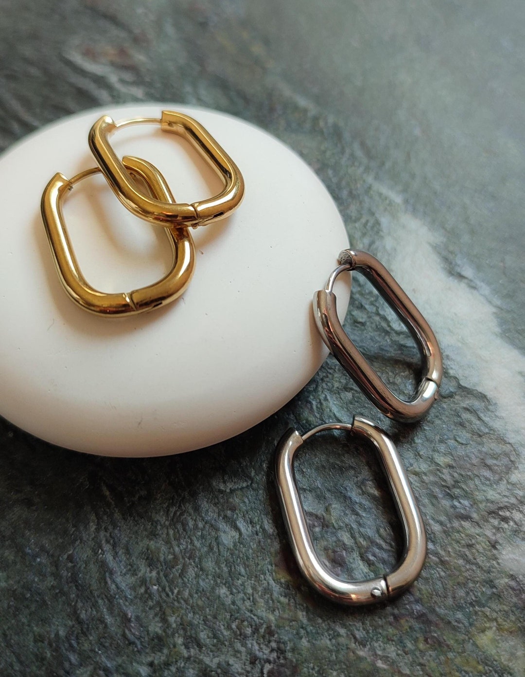 Gold Rectangle Shape Hoop Earrings, Gold Geometric Earrings, Dangle ...