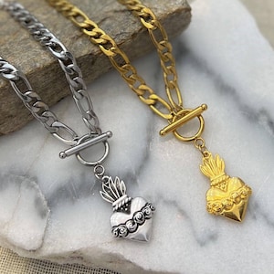 Sacred heart necklace, Flaming Heart Charm chunky chain Layered Necklace, Sacred Necklace, Sacred Gold chain necklace, Chunky gold necklace