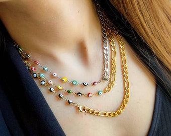 Rainbow Evil eye dainty chain Layered Necklace, Evil eye choker cuban link chain, Gold chain necklace, Silver chain chunky, Evil eye pendant