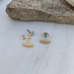 Evil eye ear jacket earrings, Stud earrings, Earring jackets, Gold Earring jacket, Front back earrings, Gold evil eye, Greek earrings