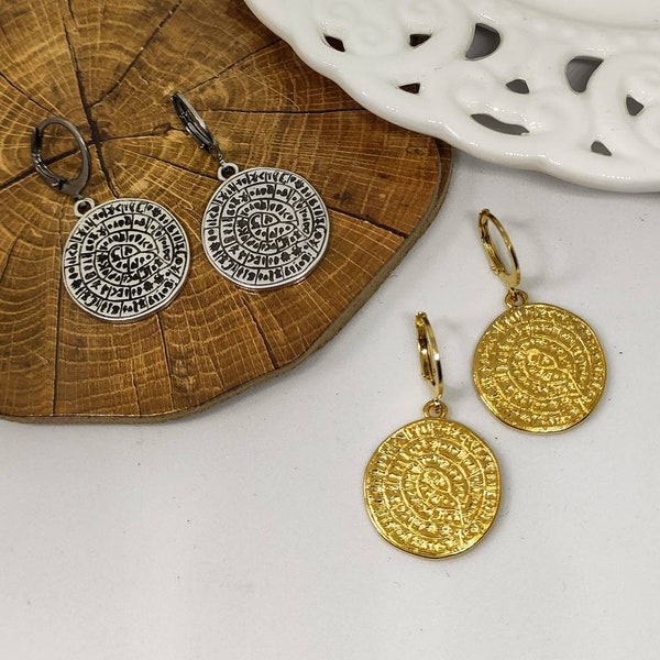 Phaistos disc dangle earrings Gold phaistos disc silver phaistos disc Gold coin earrings Silver coin earrings Greek earrings Ancient Greek