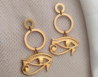 Gouden oogoorbellen Eye of Ra, gouden boze oog-oorbellen, spirituele hangoorbellen, Egyptische sieraden, oog van horus, cadeau beste vriend