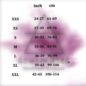 May include: A size chart with measurements in inches and centimeters. Sizes range from XXS to XXL, with corresponding inch measurements from 24-45 and centimeter measurements from 61-114. The chart includes the text "soulmates Handmade Boutique".