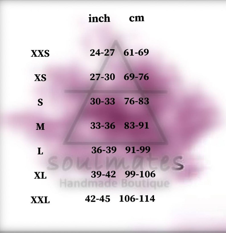 May include: A size chart with measurements in inches and centimeters. Sizes range from XXS to XXL, with corresponding inch measurements from 24-45 and centimeter measurements from 61-114. The chart includes the text "soulmates Handmade Boutique".