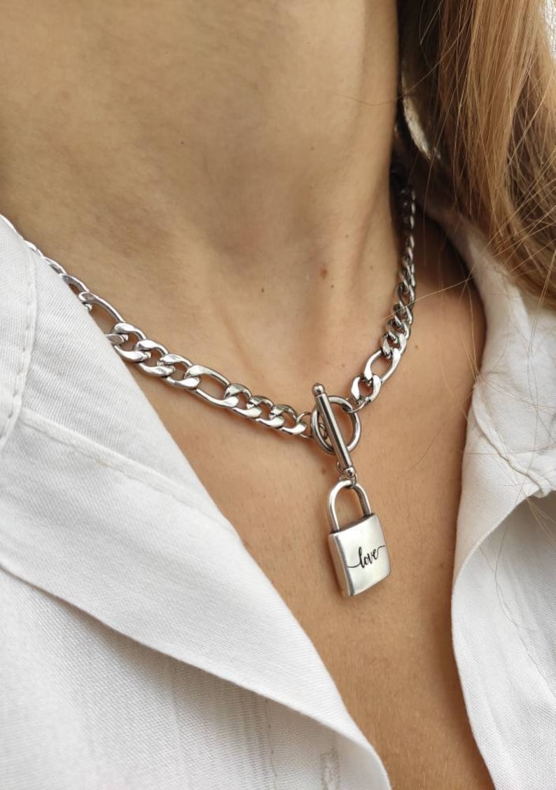 Gold Lock Necklace Padlock Chunky Chain Necklace Statement Etsy