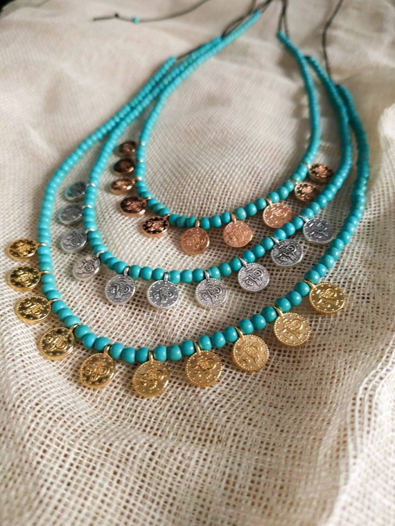 Turquoise Necklace Gold Coin Necklace Natural Turquoise Beaded
