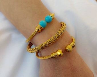 Turquoise bracelet, Gold Wide cuff bracelet, Summer bracelet, Gift for her, Stack bracelet, Gold bangle bracelet,