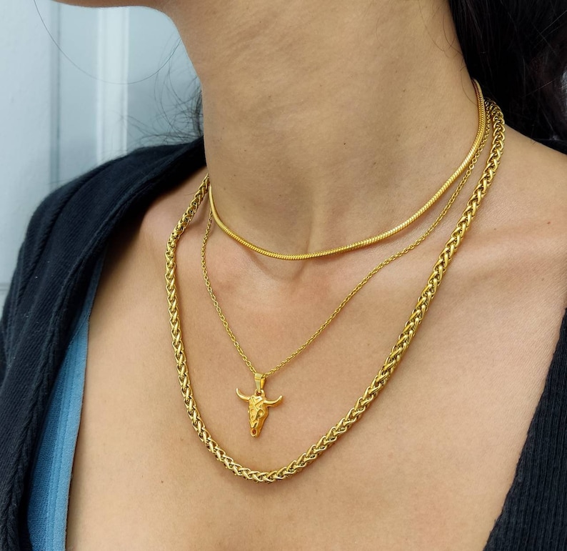 Bull Skull Chain Necklace, Cow Skull Necklace, Statement Necklace, Gold ...