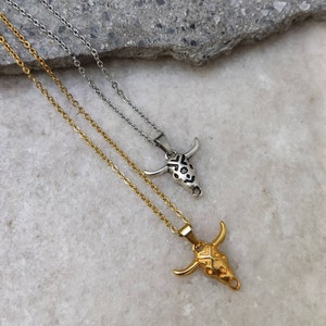 Bull Skull Chain Necklace, Cow Skull Necklace, Statement Necklace, Gold ...