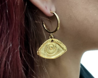 Pendientes colgantes de ojo turco, pendientes griegos de ojo turco de oro, pendientes de aro, pendientes de aro de oro, pendientes de clip, aros de oro, joyería de ojo turco