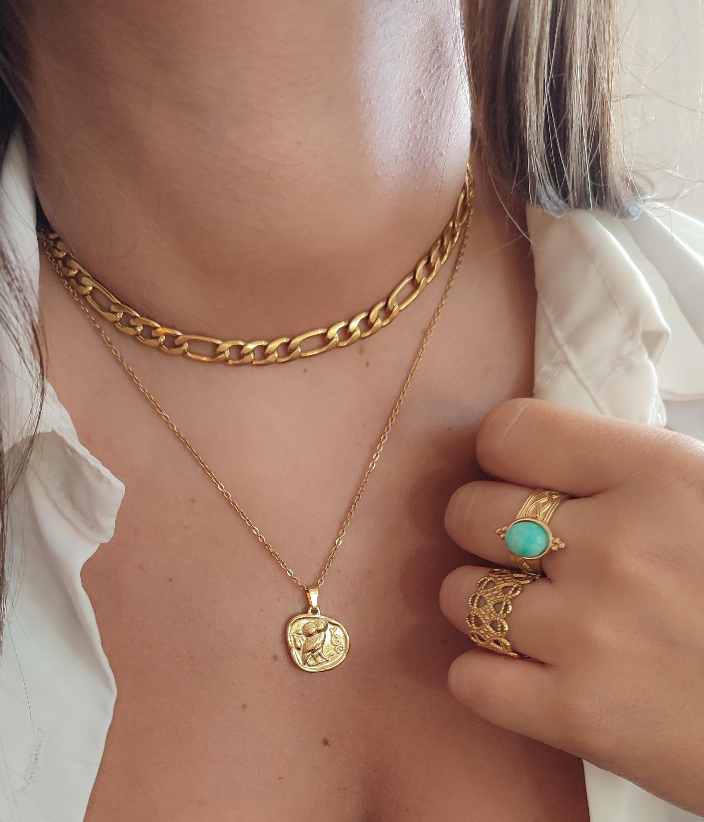Gold Athena's owl necklace, Greek mythology, Gold Cuban choker necklace, Wise owl, Good luck cha