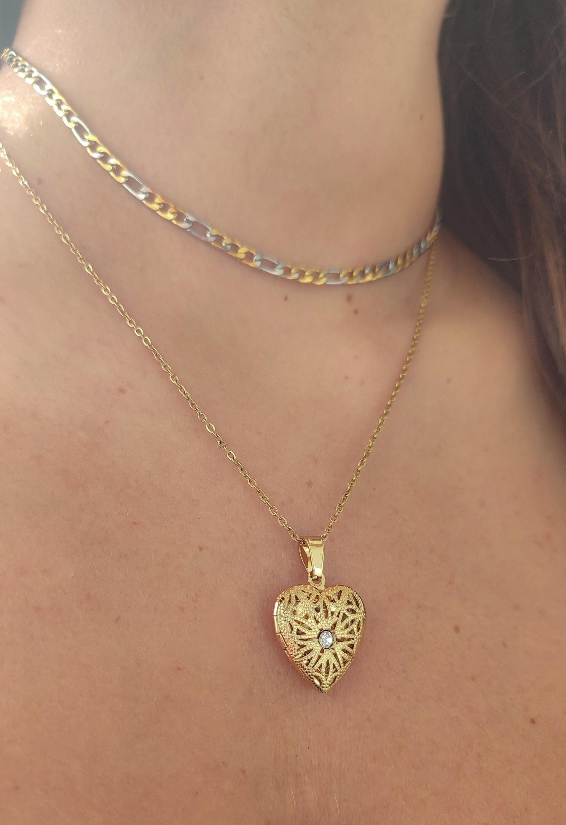 Gold Silver Choker Necklace, Heart Locket Necklace, Crystal Necklace ...