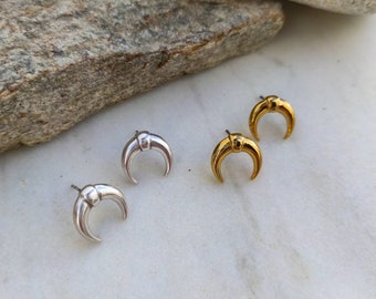 Crescent Moon stud earrings, Gold stud earrings, Crescent moon silver earrings, Gift for her, Silver stud earrings, Boho earrings
