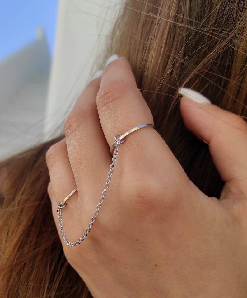 Chain ring, Double finger ring, Bohemian rings, Slave ring, Handcuff ring, Connected rings, Celestial jewelry, harry styles ring image 8