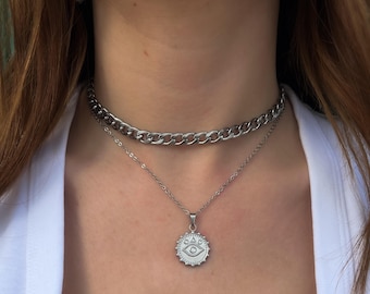 Silver evil eye coin necklace, Chunky necklace, Greek jewelry, Choker cuban chain necklace, Protection necklace, Gift for her