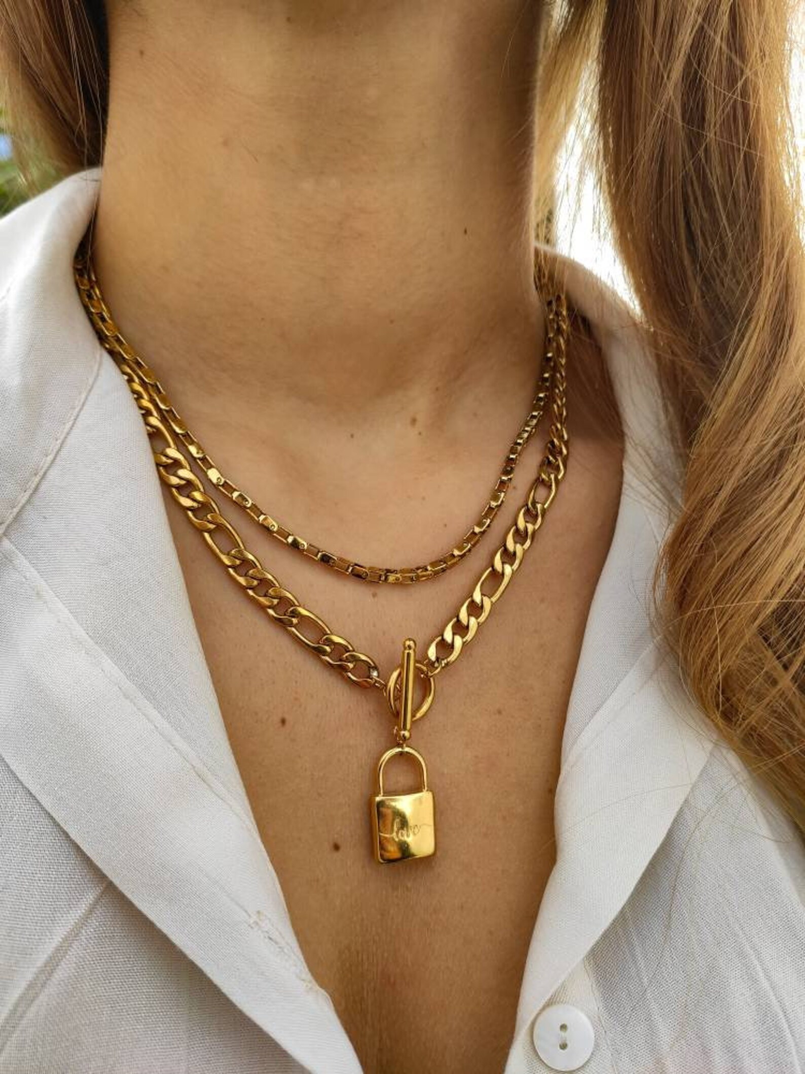 Gold Lock Necklace, Padlock Chunky Chain Necklace, Statement Necklace ...