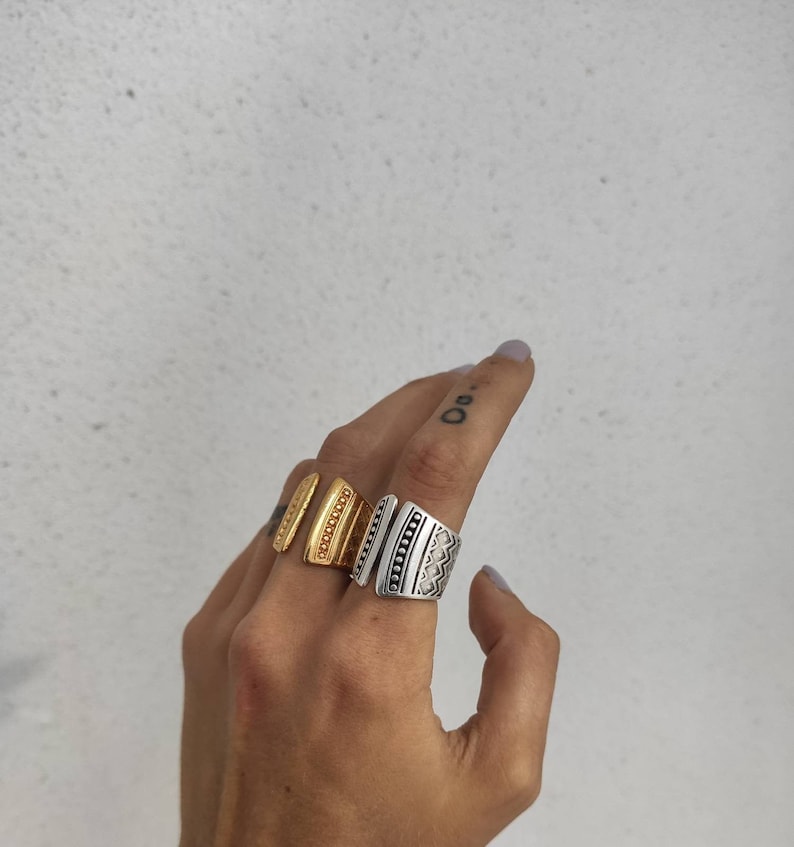 Gold mandala adjustable band ring, womens engraved mandala stamps ring, open statement ring, solid silver smooth ring, bold wide band ring image 2