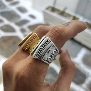 Gold mandala adjustable band ring, womens engraved mandala stamps ring, open statement ring, solid silver smooth ring, bold wide band ring image 1