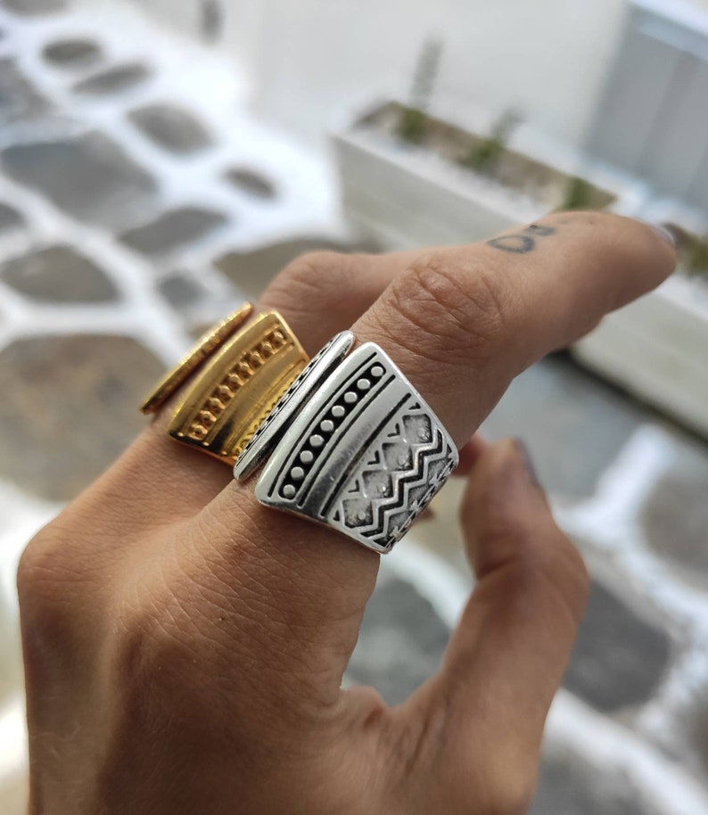 Gold mandala adjustable band ring, womens engraved mandala stamps ring, open statement ring, solid silver smooth ring, bold wide band ring image 1