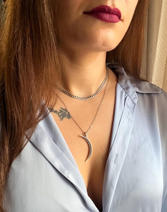 Ras de cou grosse chaîne en argent, collier phases de lune