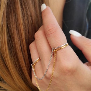 Chain ring, Double finger ring, Bohemian rings, Slave ring, Handcuff ring, Connected rings, Celestial jewelry, harry styles ring image 3