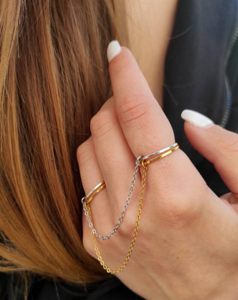 Chain ring, Double finger ring, Bohemian rings, Slave ring, Handcuff ring, Connected rings, Celestial jewelry, harry styles ring image 3