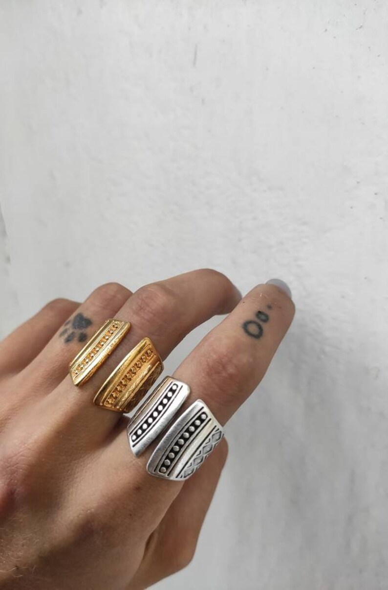 Gold mandala adjustable band ring, womens engraved mandala stamps ring, open statement ring, solid silver smooth ring, bold wide band ring image 5