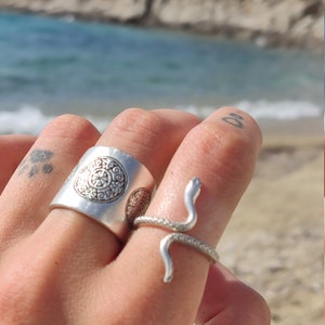 Silver mandala adjustable band ring, womens engraved mandala stamps ring, open statement ring, solid silver smooth ring, bold wide band ring image 5
