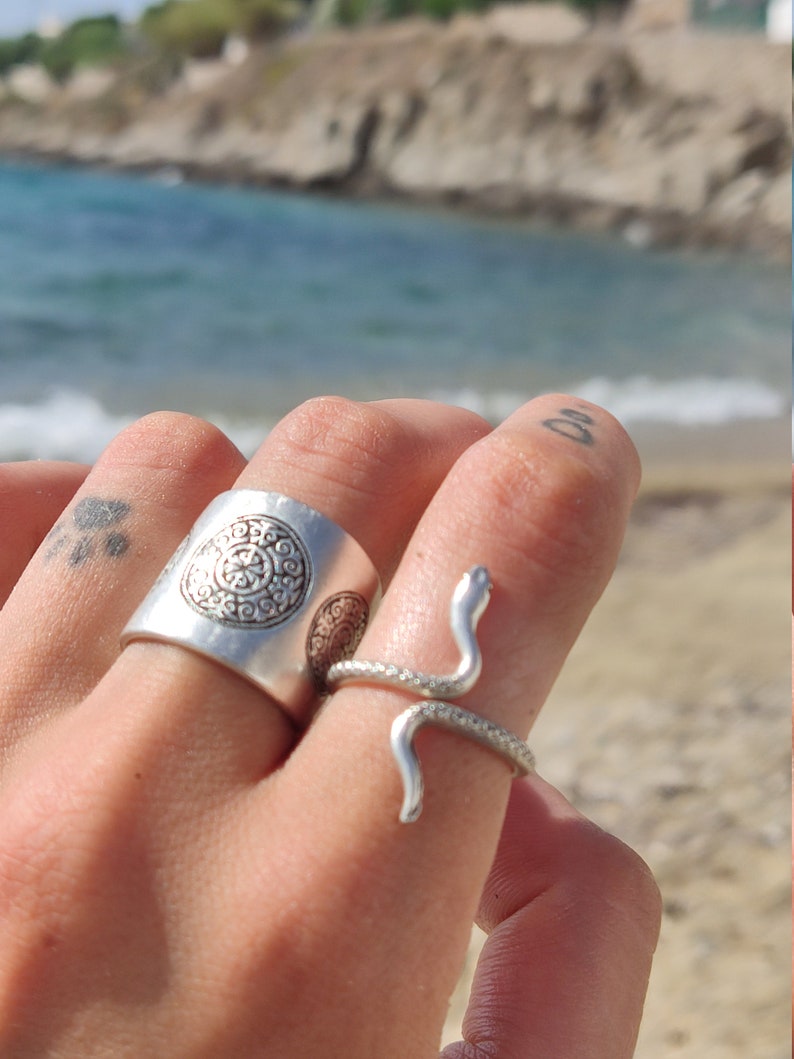 Silver mandala adjustable band ring, womens engraved mandala stamps ring, open statement ring, solid silver smooth ring, bold wide band ring image 5