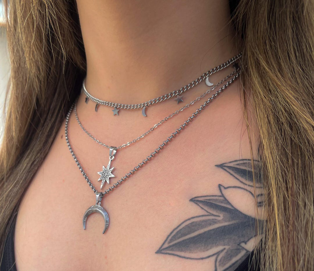Silver Star and Moon Choker Necklace, Star Necklace, Moon Necklace