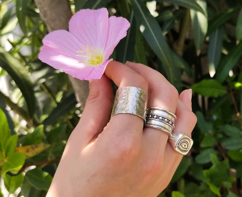 Pu&ograve; includere: Una mano indossa quattro anelli d'argento, tra cui una fascia larga con una texture martellata, una fascia con piccole perline decorative e un anello quadrato con un disegno a occhio. Un fiore rosa &egrave; tenuto in mano su uno sfondo verde.