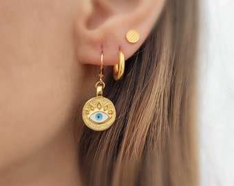 Bösen Blick baumeln Ohrringe, Gold bösen Blick griechische Ohrringe, Creolen, Gold Creolen, Clip auf Ohrringe, Gold Reifen Evil Eye Schmuck