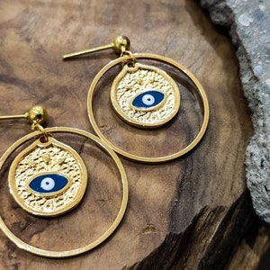 Evil eye gold earrings, Evil eye jewelery, Small gold hoops, Elegant hoops, Dangle earrings, Gold hoop earrings, Coin earrings gold