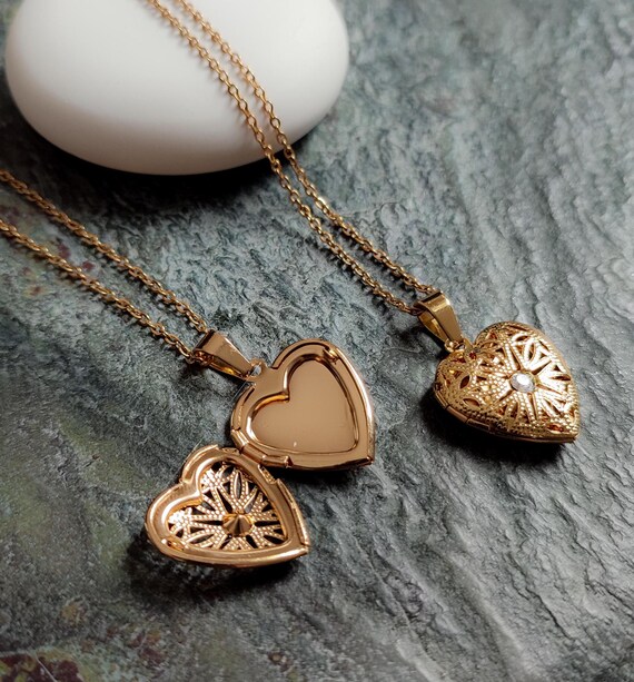 Gold Silver Choker Necklace, Heart Locket Necklace, Crystal