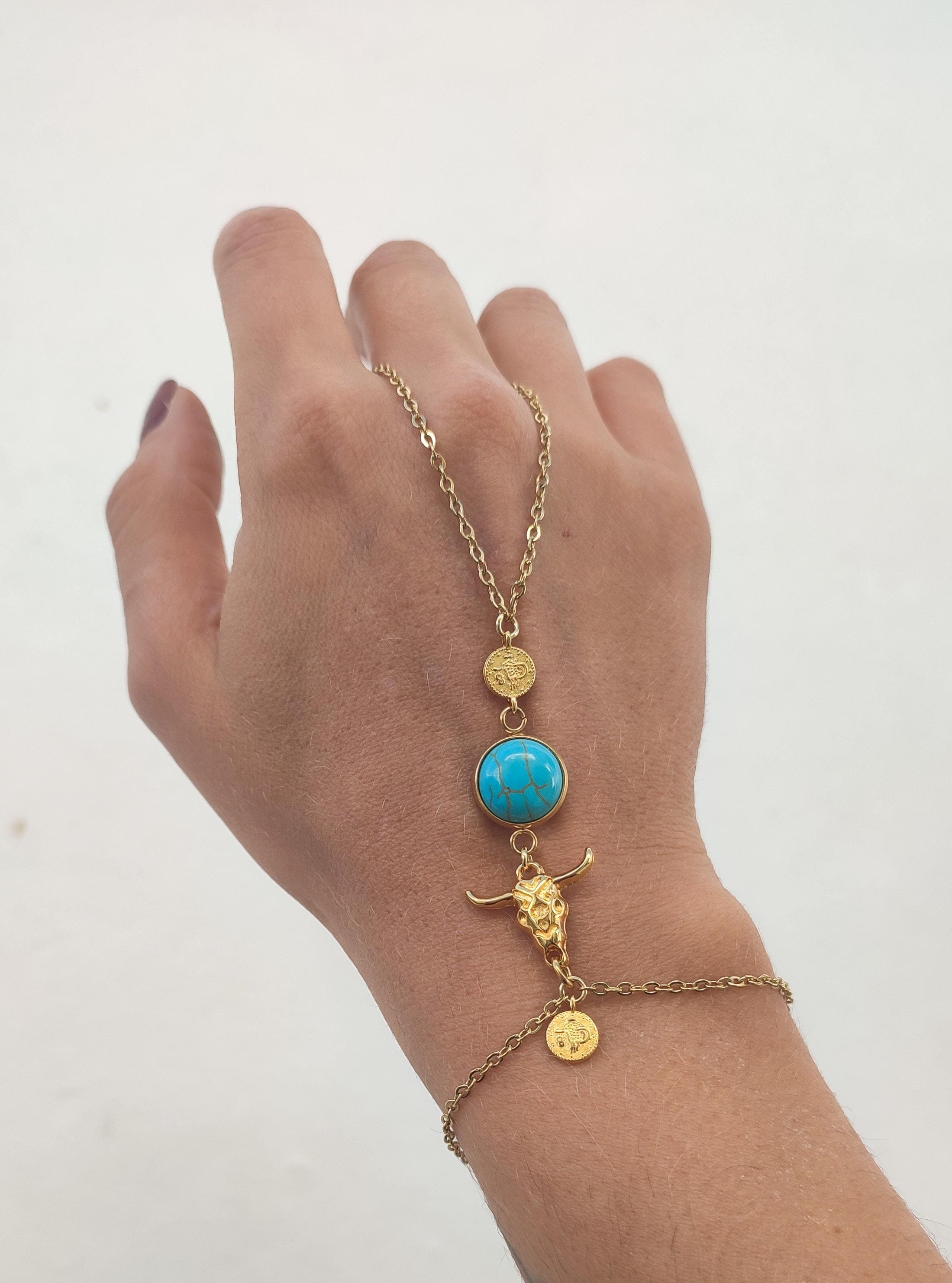 Gold Hand Chain, Turquoise Gold Plated Hand Chain, Gold Hand Chain, Gold Hand/Bracelet Chain