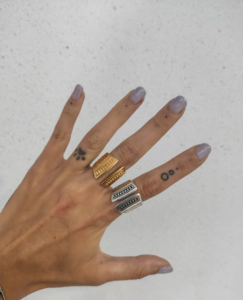 Gold mandala adjustable band ring, womens engraved mandala stamps ring, open statement ring, solid silver smooth ring, bold wide band ring image 7