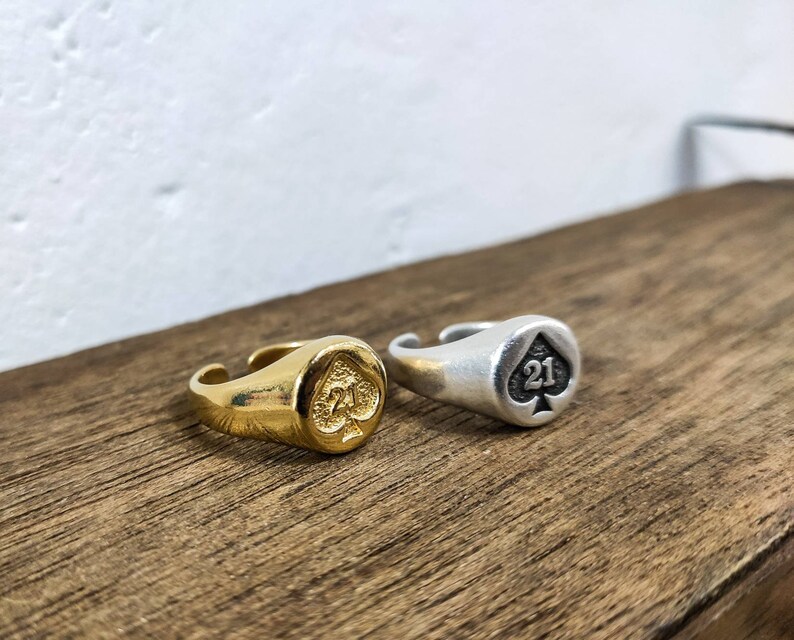 21 Lucky Number Signet Ring Gold Engraved Ring Monogram Etsy