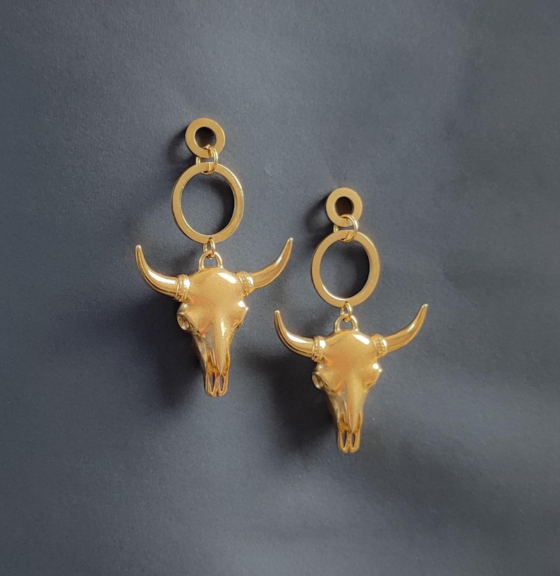 Silber Longhorn Schädel baumeln Ohrringe, große Bullen Schädel Ohrringe, lange Kuh Schädel Creolen, Statement Ohrringe, beste Freundin Geschenk Bild 2