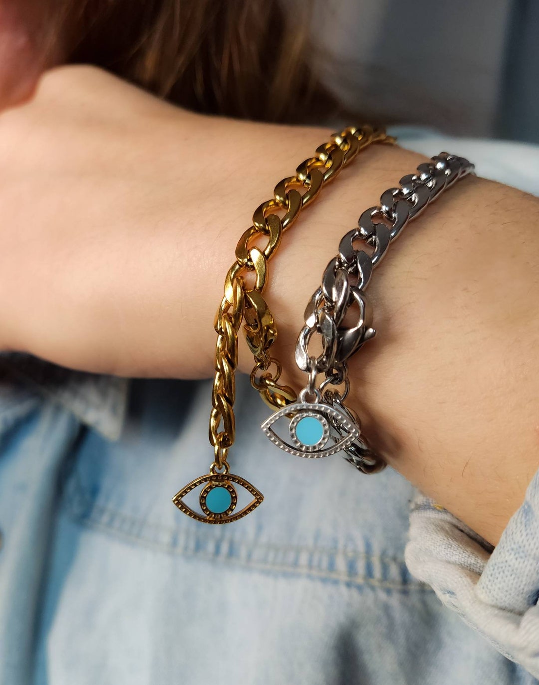 Evil Eye Jewelry Set – Gold Bracelet & Silver Necklace With Sapphire Stone, Protection Charm For Women